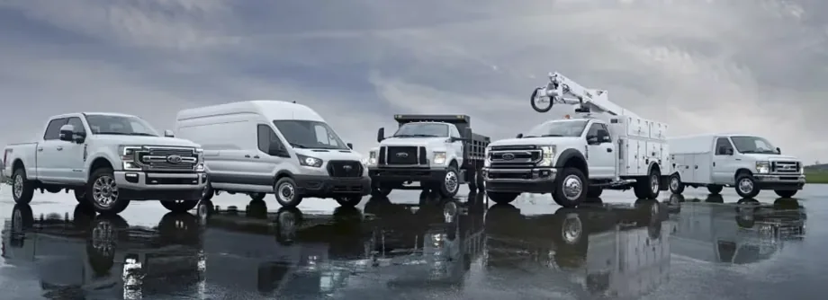 Ford commercial vehicle lineup including Transit vans, F-Series work trucks, and fleet SUVs